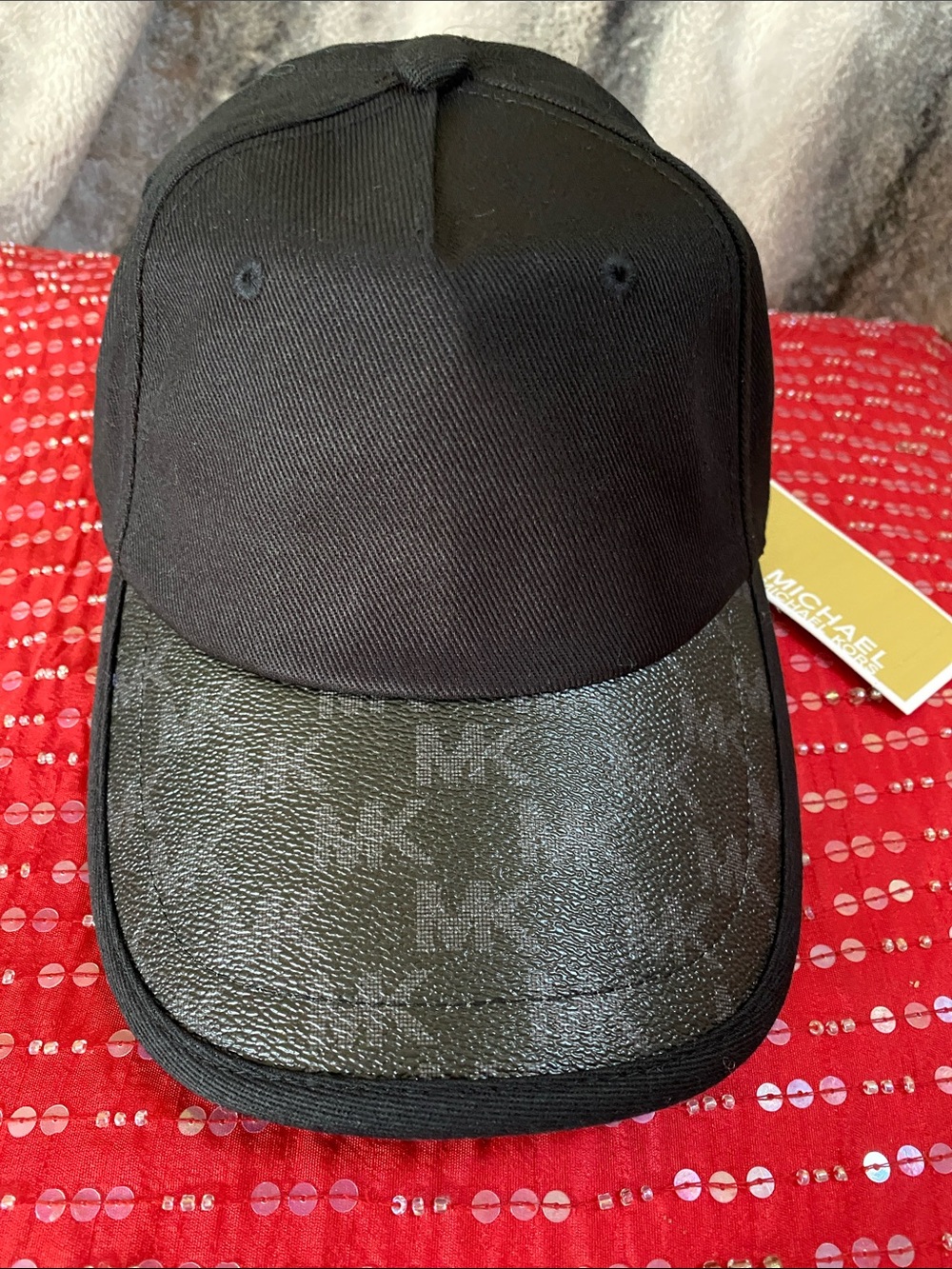 Michael Kors Cotton Black Leather Like Logo Print Adjustable Unisex Hat NWT